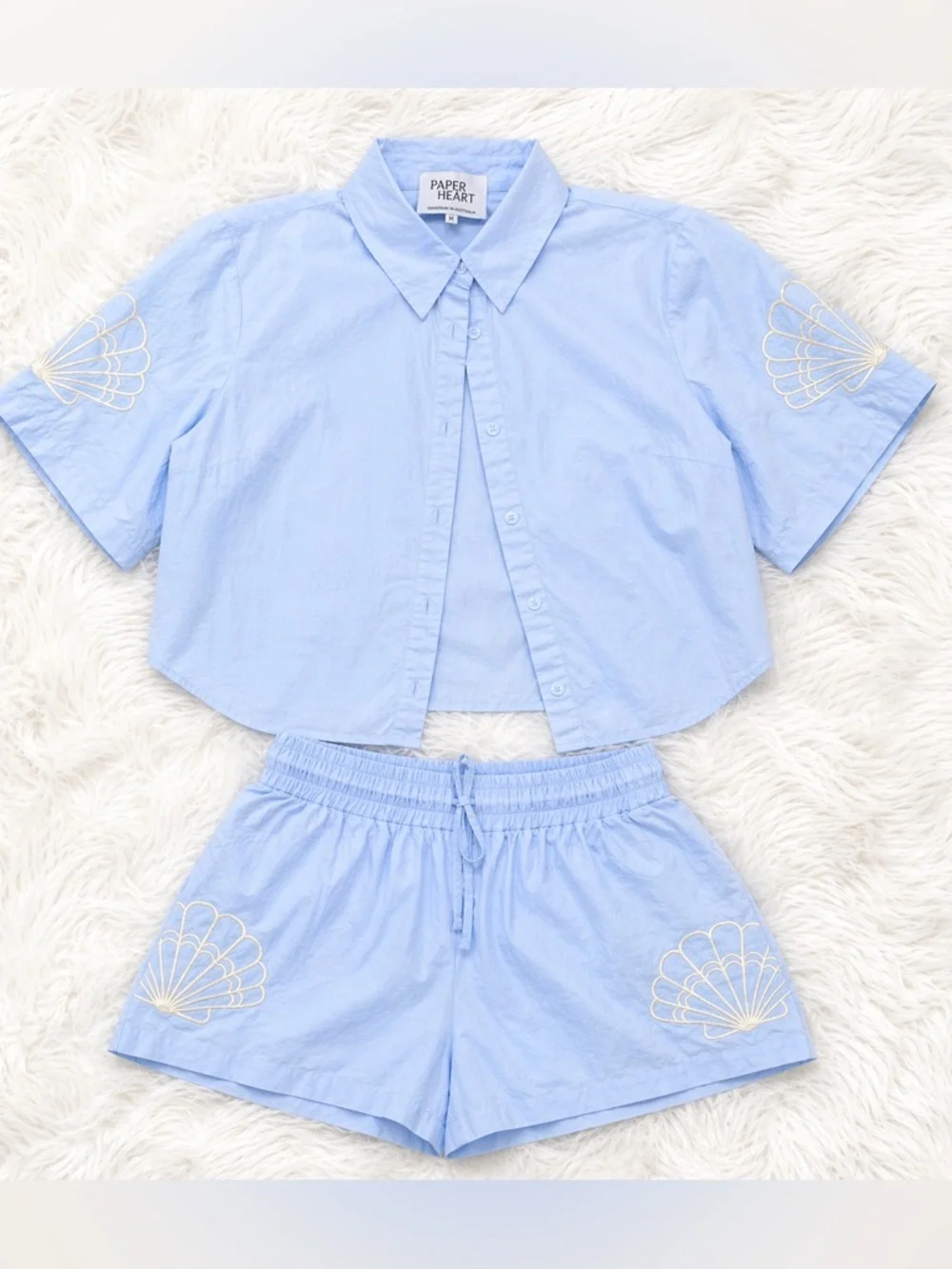 Paper Heart Blue Matching Set Embroidered Shell Top Shorts Vacation Coastal Set - Picture 1 of 4